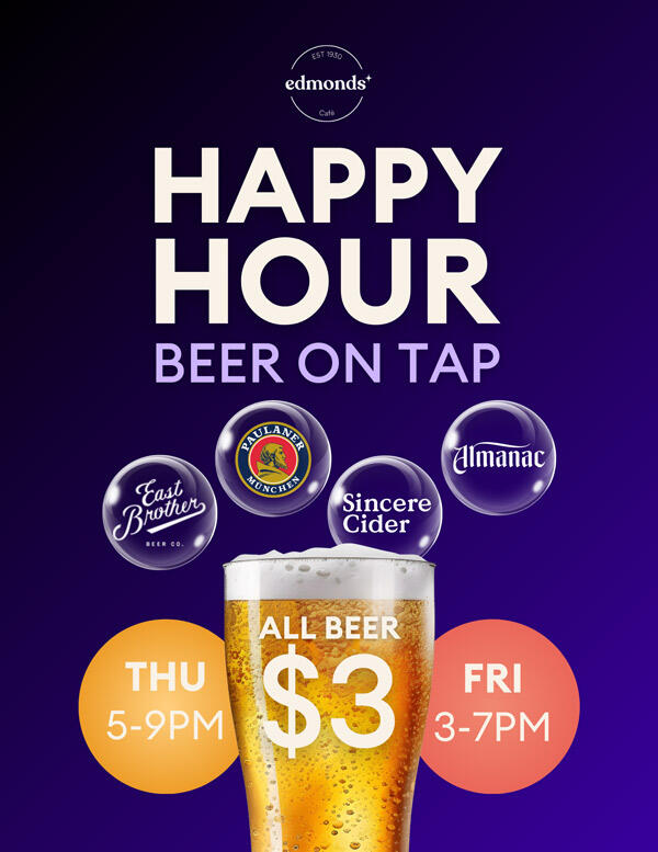 Happy Hour Beer on tap: Thu 5-9pm, Fri 3-7pm