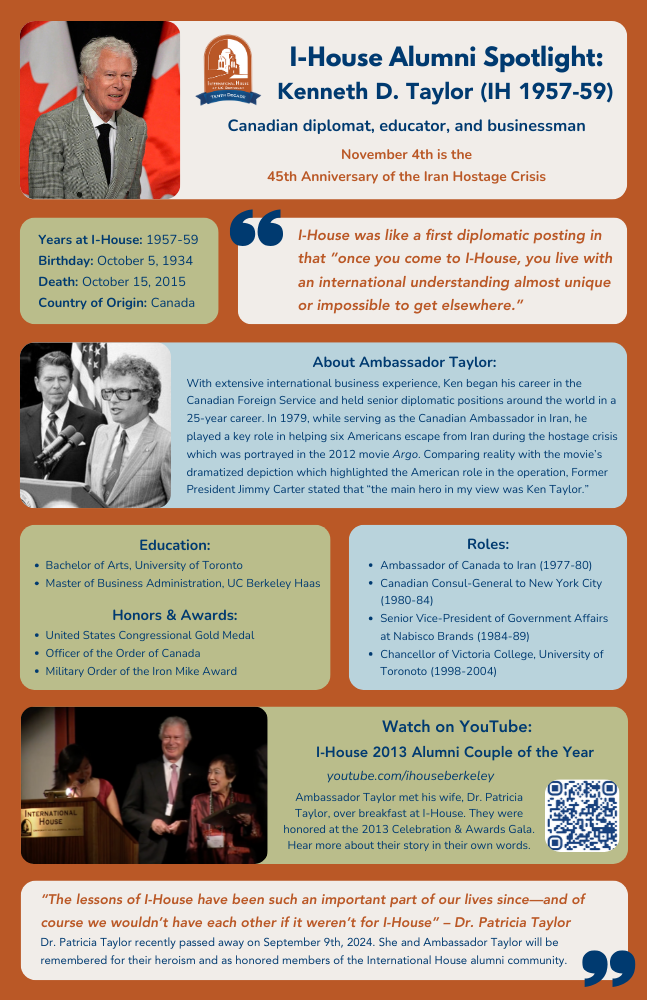 Promotional poster for an I-House Alumni Spotlight featuring Kenneth D. Taylor, former Canadian diplomat and businessman, highlighting his key roles and contributions. Includes his birth and death dates, education background, notable achievements, and a q