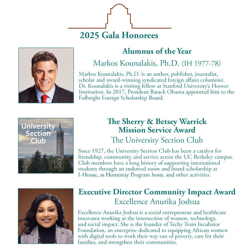  Alumnus of the Year Markos Kounalakis (IH 1977-78)  The Betsey and Sherry Warrick Mission Service Award The University Section Club  Executive Director Community Impact Award Excellence Anurika Joshua