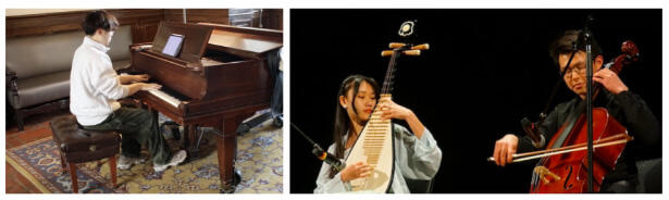 one resident at piano and two playing stringed instruments